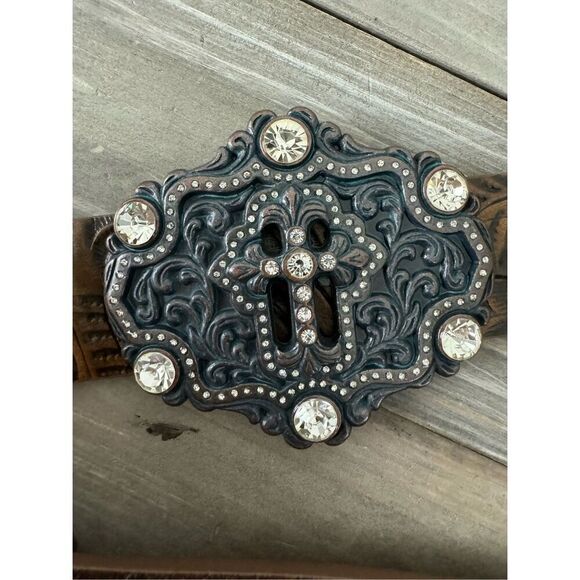 RHINESTONE CROSS STUDDED WIDE BROWN TOOLED LEATHER BELT Size Med - Large - Picture 4 of 11